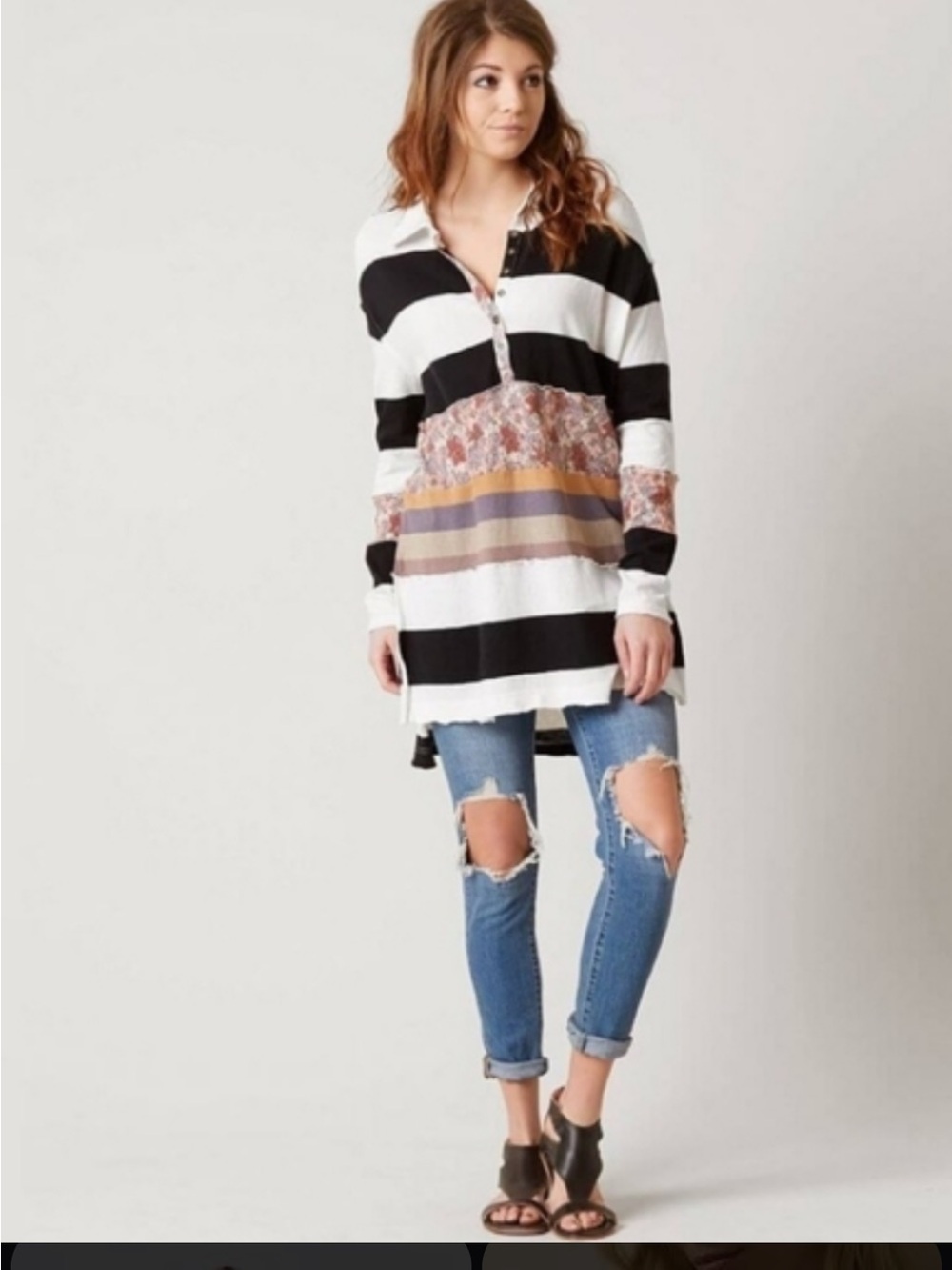 Free People Black & White Striped Henley Tunic with Mixed Print Bands